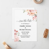 Elegante waterverf Roze Bloemen Bewaar de datumkaa Notitiekaartje (Voorkant / Achterkant in situ)