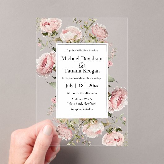 Elegante waterverf Roze Bloemen Bloom Wedding Acryl Uitnodigingen (Insitu (Draagbaar))