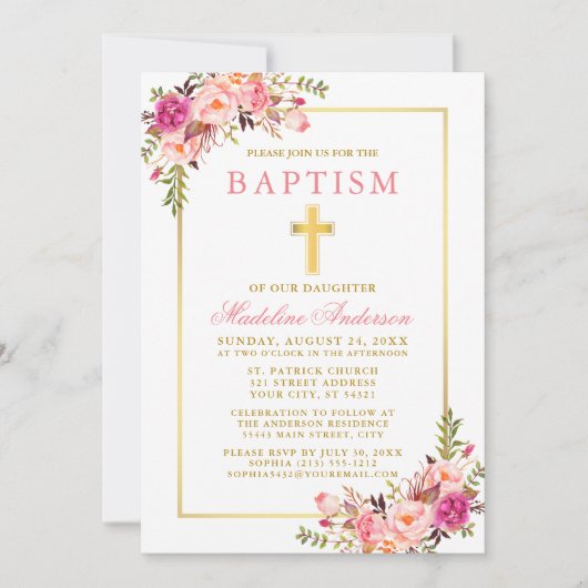 Elegante Waterverf Roze Bloemen Doop Kaart (Voorkant)