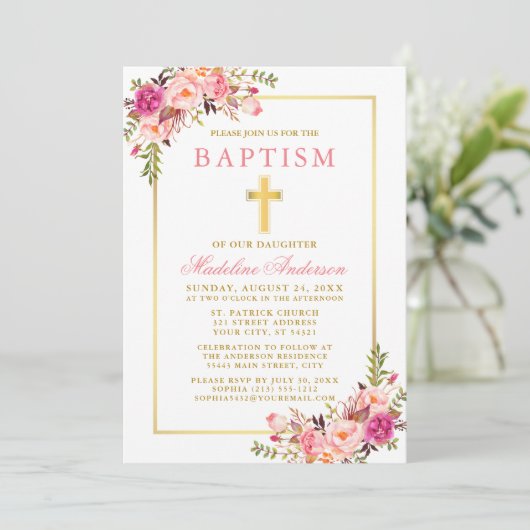 Elegante Waterverf Roze Bloemen Doop Kaart (Staand voorkant)