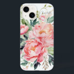 Elegante Waterverf Roze Bloemen Gepersonaliseerde  Case-Mate iPhone 14 Hoesje<br><div class="desc">Elegante Waterverf Roze Bloemen Gepersonaliseerde Naam iPhone Case beschikt over elegante roze waterverf met groene bladeren op een witte achtergrond met uw gepersonaliseerde naam in moderne kalligrafie script typografie. Perfect als een gepersonaliseerd cadeau voor moeder, vrouw, zus, oma voor verjaardagsfeest, kerst, feestdagen, Moederdag en meer. Ontworpen door ©Evco Studio www.zazzle.com/store/evcostudio...</div>