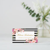 Elegante Waterverf Roze Bloemen Goud Lijst Gestree Visitekaartje (Staand voorkant)