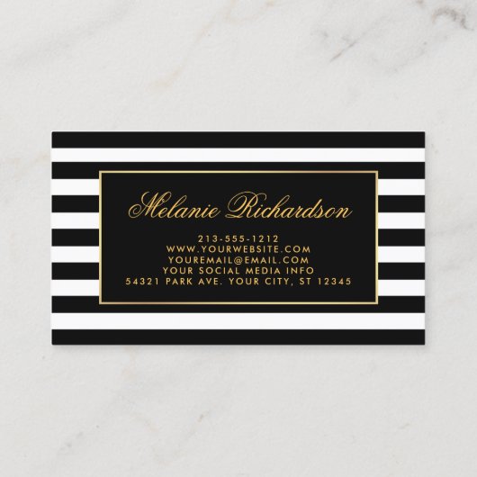 Elegante Waterverf Roze Bloemen Goud Zwart Gestree Visitekaartje (Achterkant)