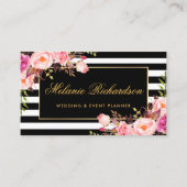 Elegante Waterverf Roze Bloemen Goud Zwart Gestree Visitekaartje (Voorkant)