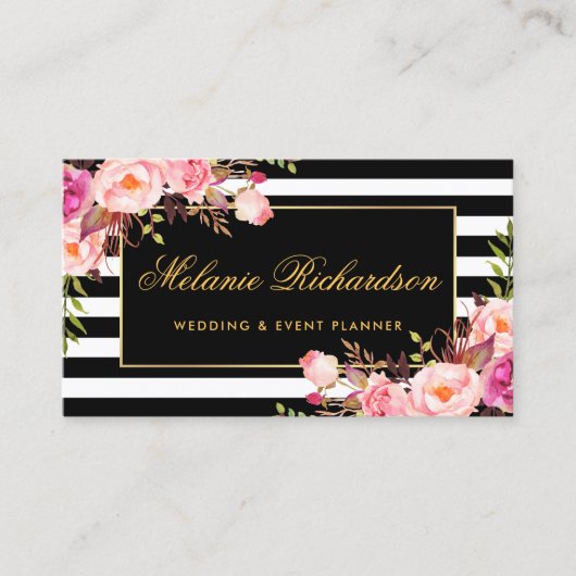 Elegante Waterverf Roze Bloemen Goud Zwart Gestree Visitekaartje (Voorkant)