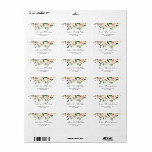 Elegante Waterverf Roze Bloemen Gouden Bruiloft Etiket (Full Sheet)