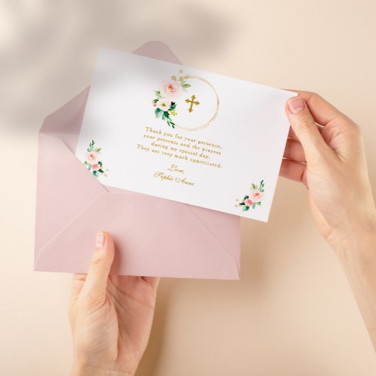 Elegante Waterverf Roze Bloemen Gouden Doop Bedankkaart