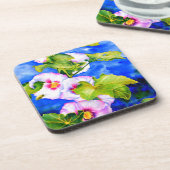 Elegante waterverf roze bloemen Hollyhocks Bier Onderzetter (Linkerzijde)