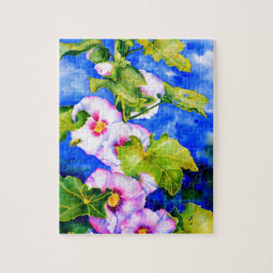 Elegante waterverf roze bloemen Hollyhocks Legpuzzel