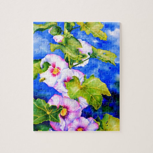 Elegante waterverf roze bloemen Hollyhocks Legpuzzel (Verticaal)