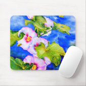 Elegante waterverf roze bloemen Hollyhocks Muismat (Met muis)