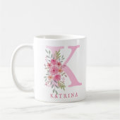 Elegante Waterverf Roze Bloemen Monogram Naam Koffiemok (Links)