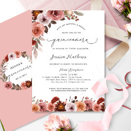 Elegante Waterverf Roze Bloemen Quinceañera Kaart