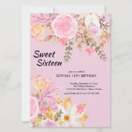 Elegante Waterverf Roze Bloemen Sweet Sixteen Kaart