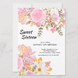 Elegante Waterverf Roze Bloemen Sweet Sixteen Kaart