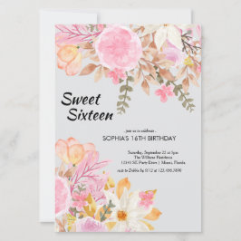 Elegante Waterverf Roze Bloemen Sweet Sixteen Kaart