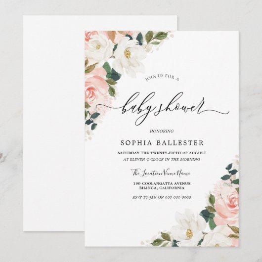 Elegante Waterverf Roze Bloemige Baby Shower Kaart (Voorkant / Achterkant)