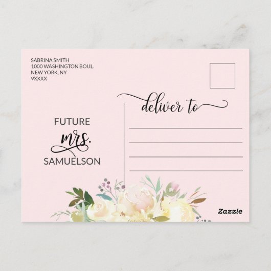 Elegante Waterverf Roze Bloemige Bruidsdouche Briefkaart (Achterkant)