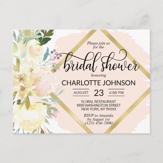 Elegante Waterverf Roze Bloemige Bruiloftsdouche Briefkaart (Voorkant)