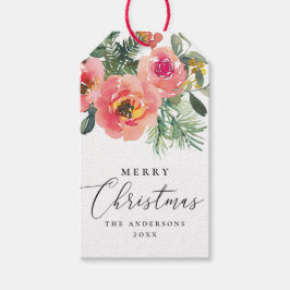 Elegante waterverf roze bloemige kerstgroet cadeaulabel