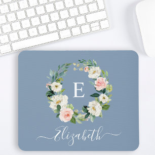 Elegante Waterverf Roze Bloemige Stofblauwe Monogr Muismat