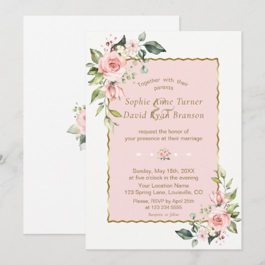 Elegante Waterverf Roze Blos Bloemige Trouwdag Kaart (Voorkant / Achterkant)