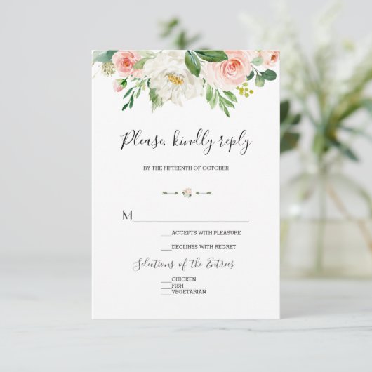 Elegante Waterverf Roze Blosem Bloemen Bruiloft RSVP Kaartje (Staand voorkant)