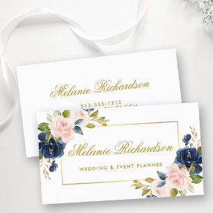 Elegante Waterverf Roze Blush Blue Floral Gold Visitekaartje