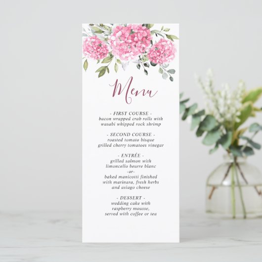Elegante Waterverf Roze Blush Hydrangea Bruiloft Menu (Staand voorkant)