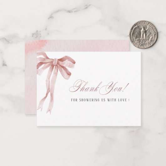 Elegante Waterverf Roze Bow lint Baby shower Notitiekaartje (Voorkant / Achterkant in situ)