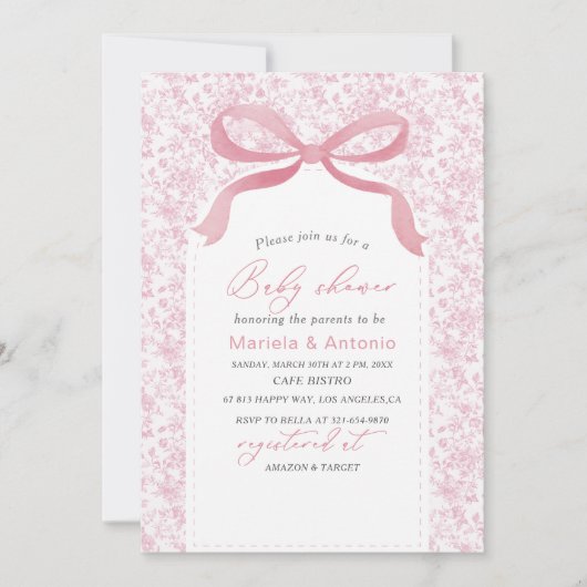 Elegante Waterverf Roze Bow Meisje Baby shower Inv Kaart (Voorkant)