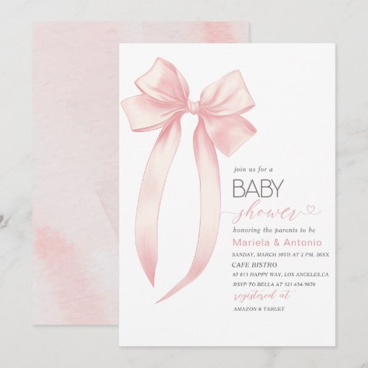Elegante Waterverf Roze Bow Meisje Baby shower Kaart (Voorkant / Achterkant)