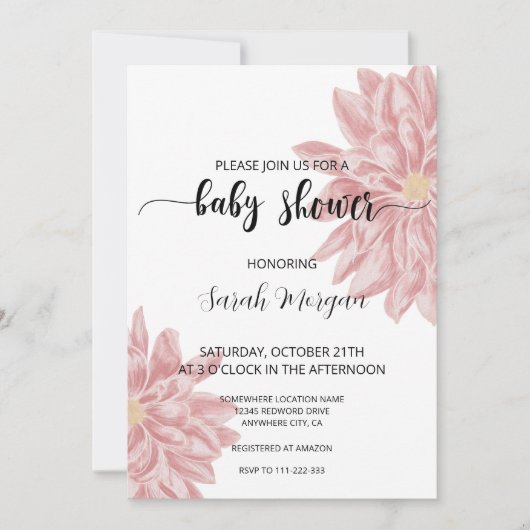 Elegante Waterverf Roze Chrysanthemum Baby shower Kaart (Voorkant)