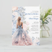 Elegante waterverf roze en blauw bloemenbaljurk kaart (Staand voorkant)