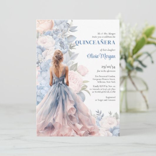 Elegante waterverf roze en blauw bloemenbaljurk kaart (Staand voorkant)