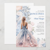 Elegante waterverf roze en blauw bloemenbaljurk kaart (Voorkant / Achterkant)