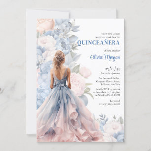 Elegante waterverf roze en blauw bloemenbaljurk kaart