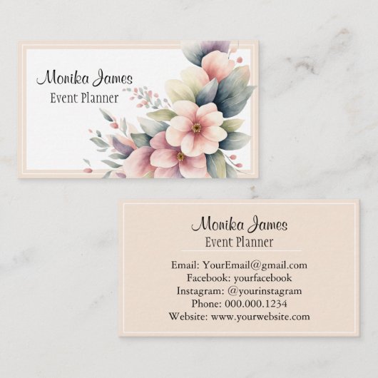 Elegante Waterverf Roze en Blush Floral Visitekaartje (Voorkant / Achterkant)