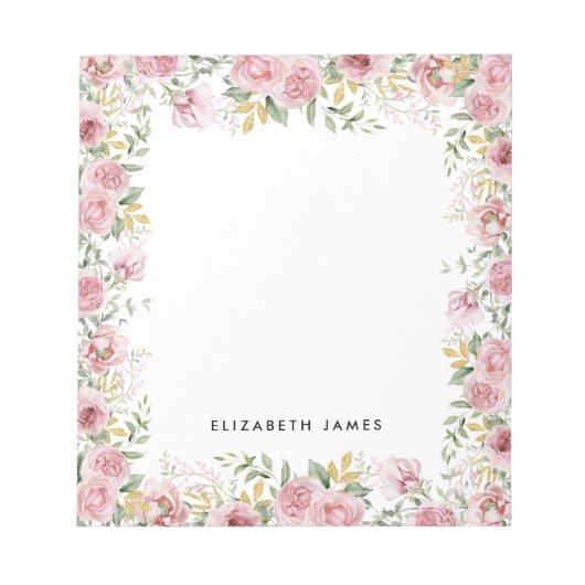 Elegante Waterverf Roze en Gouden Pioenenkrans Notitieblok (Voorkant)