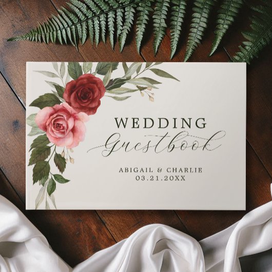 Elegante Waterverf roze en rode rozen bruiloft Gastenboek