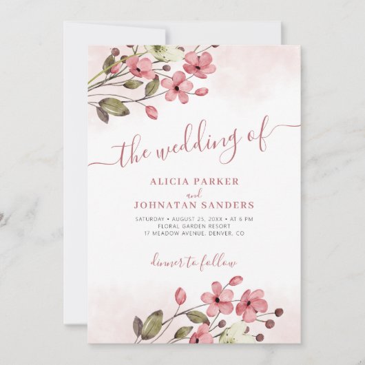 Elegante waterverf roze floral QR code bruiloft Kaart (Voorkant)