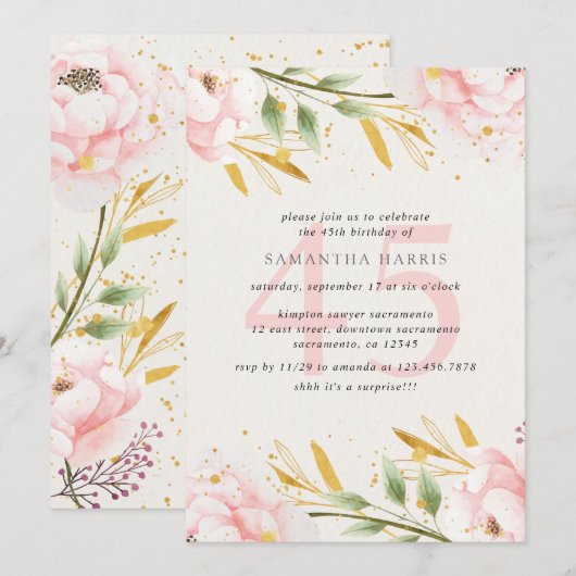 Elegante Waterverf Roze & Goud 45ste Verjaardagsfe Kaart (Voorkant / Achterkant)