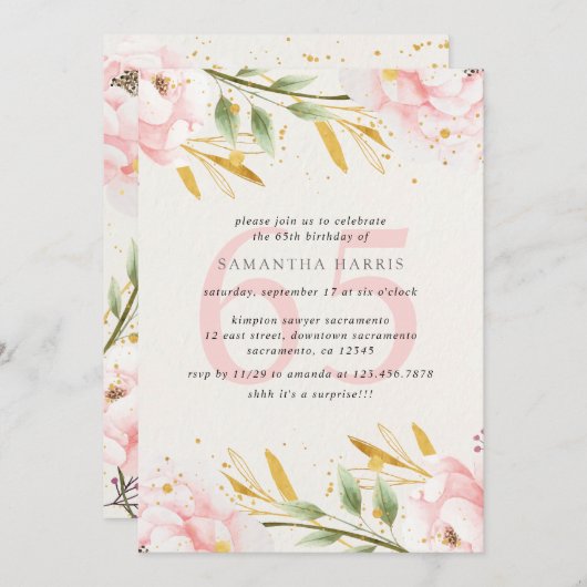 Elegante Waterverf Roze & Goud 65ste Verjaardagsfe Kaart (Voorkant / Achterkant)