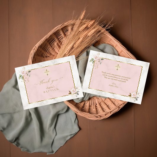 Elegante Waterverf Roze Gouden Bloemen Doop Bedankkaart