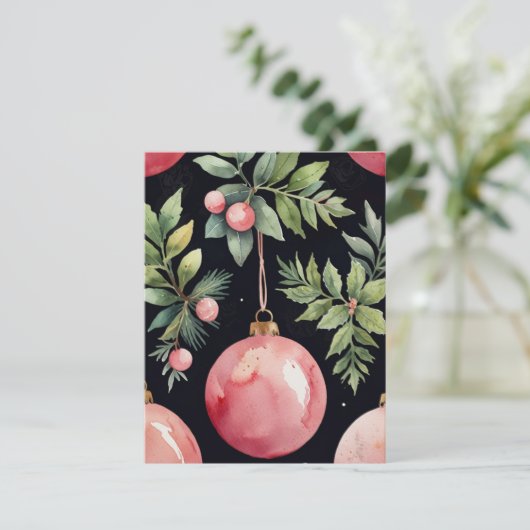 Elegante Waterverf Roze Groen Bauble Christmas Feestdagenkaart (Staand voorkant)