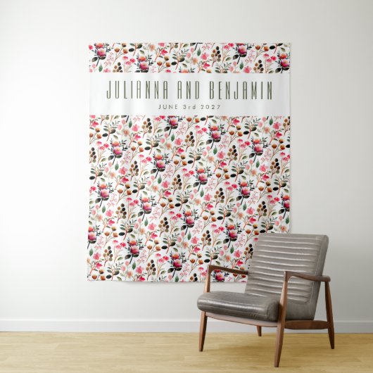 Elegante Waterverf Roze Groene Aangepaste Trouwdag Wandkleed (In situ)