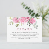 Elegante Waterverf Roze Hydrangea Bruiloft Details Informatiekaartje (Staand voorkant)
