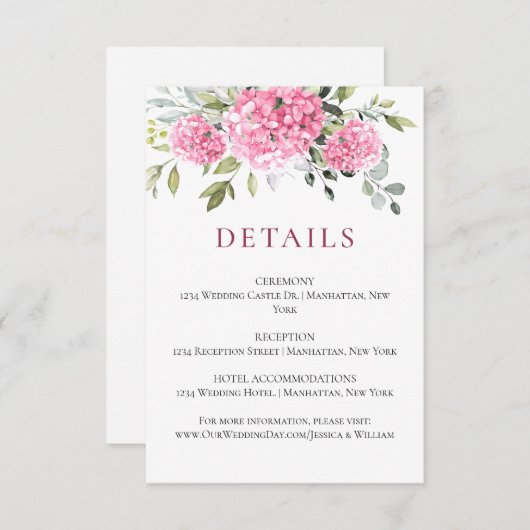 Elegante Waterverf Roze Hydrangea Bruiloft Details Informatiekaartje (Voorkant / Achterkant)