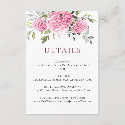 Elegante Waterverf Roze Hydrangea Bruiloft Details Informatiekaartje (Voorkant)