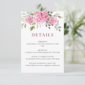 Elegante Waterverf Roze Hydrangea Bruiloft Details Informatiekaartje (Staand voorkant)